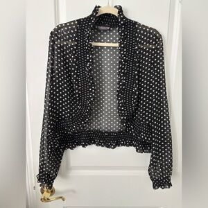 Vintage Y2K Sheer Polkadot Black White Ruffled Shrug Blouse Jacket